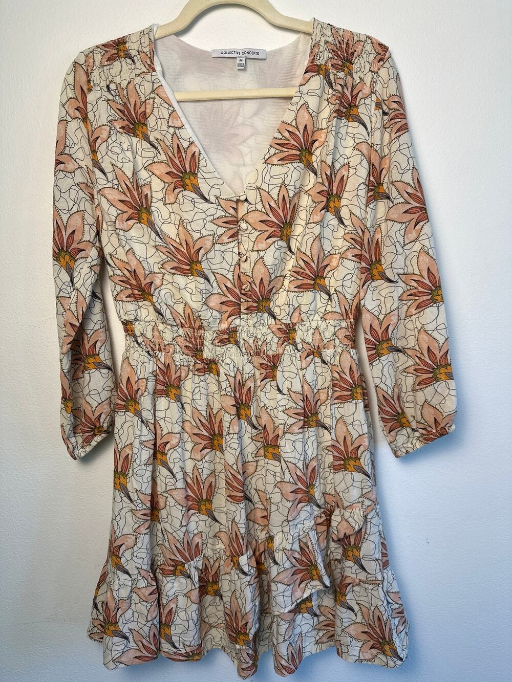 🌸 Collective Concepts Boho Floral Mini Dress with Gold Flecks • Smocked Waist